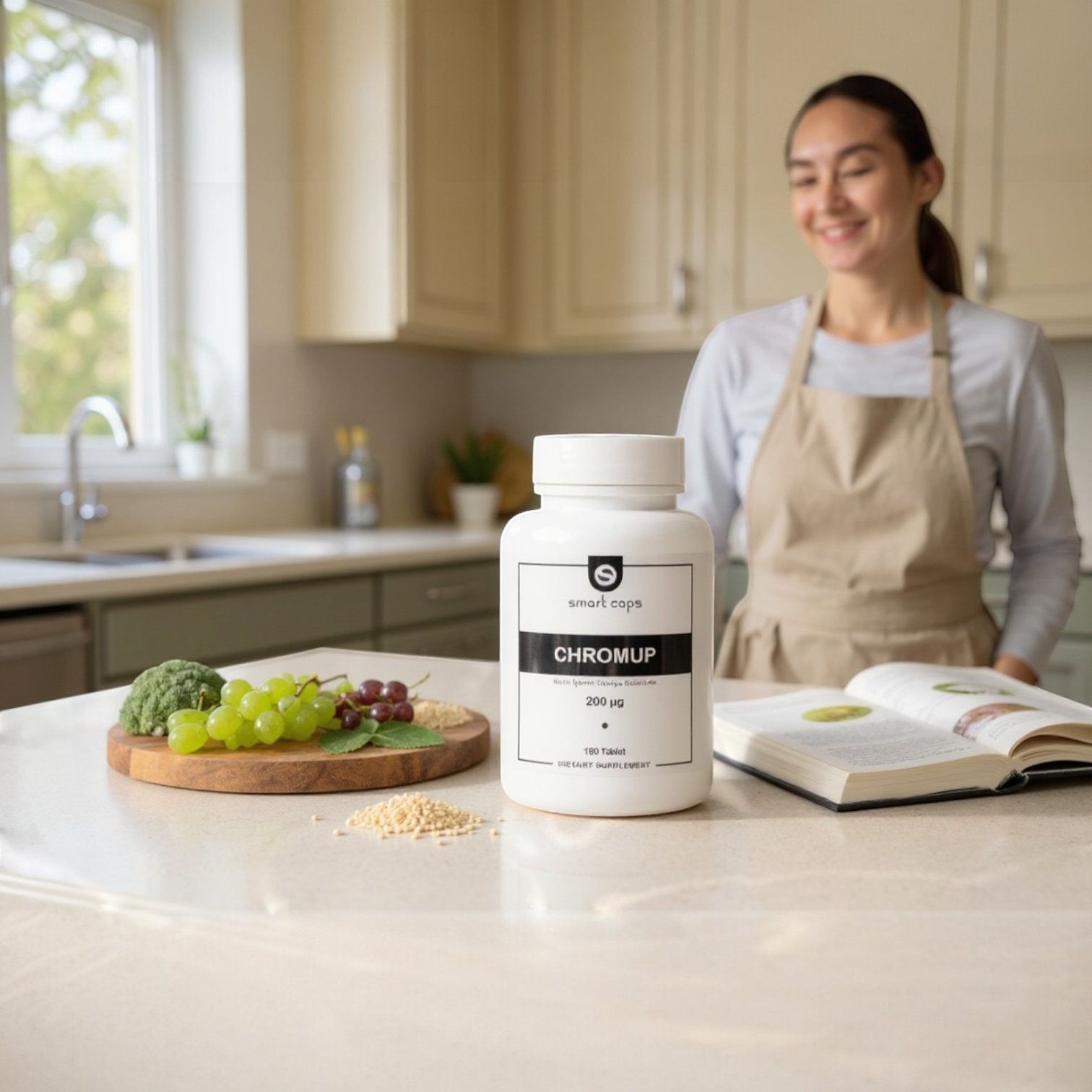 Nutramol Smart Caps Chromup dietary supplement bottle with 200 mcg chromium picolinate, 180 tablets. Sugar-free, vegan.