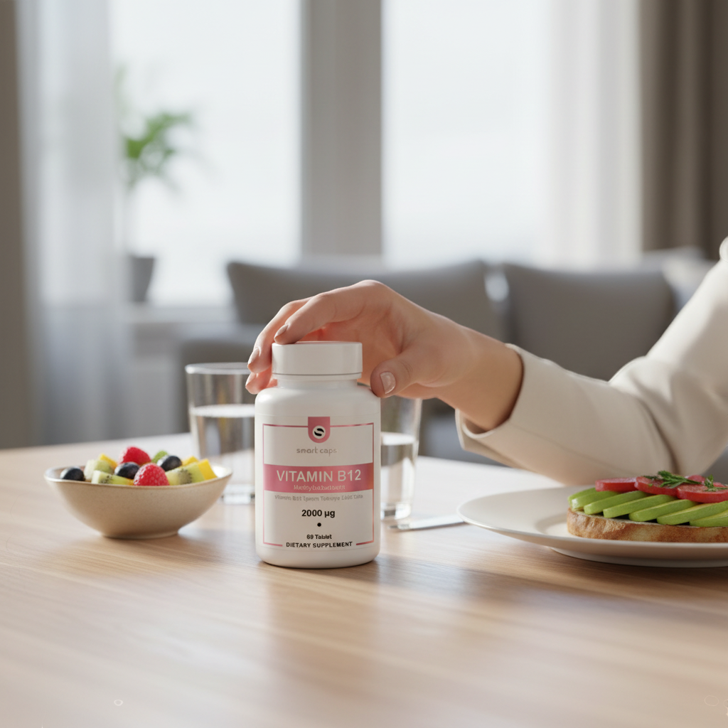 Nutramol Smart Caps Vitamin B12 Methylcobalamin 2000 mcg dietary supplement bottle with 60 tablets.